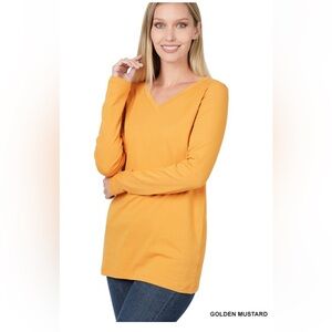 Zenana Golden Mustard Cotton spandex V Neck Long Sleeve Top